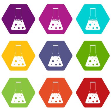 Renk altı yüzlü kimyasal şişesi Icon set