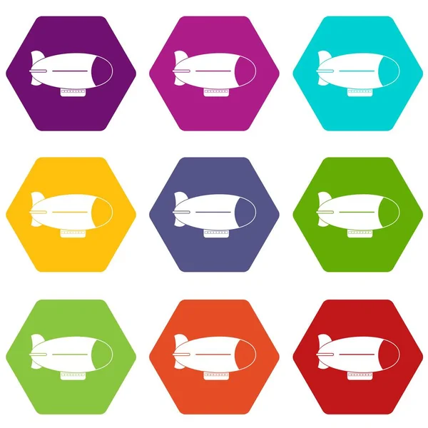 Conjunto de iconos de aeronave retro hexaedro de color — Vector de stock