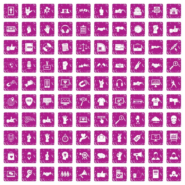 100 diferentes gestos iconos set grunge rosa — Vector de stock