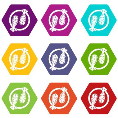 Renk altı yüzlü Asya gıda Icon set