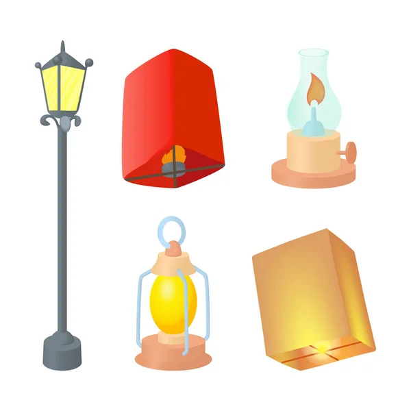 Ensemble icône de lampadaire, style dessin animé — Image vectorielle