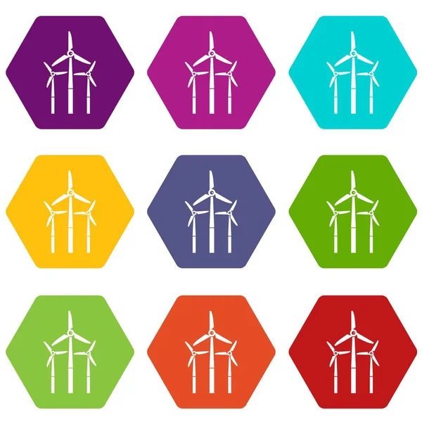Ícone do moinho de vento conjunto cor hexaedro — Vetor de Stock