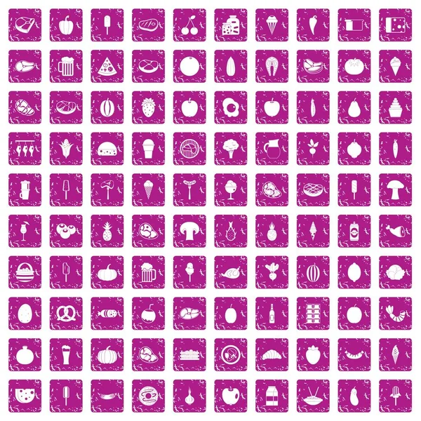 100 voedsel pictogrammen instellen grunge roze — Stockvector