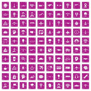 100 aviation icons set grunge pink clipart