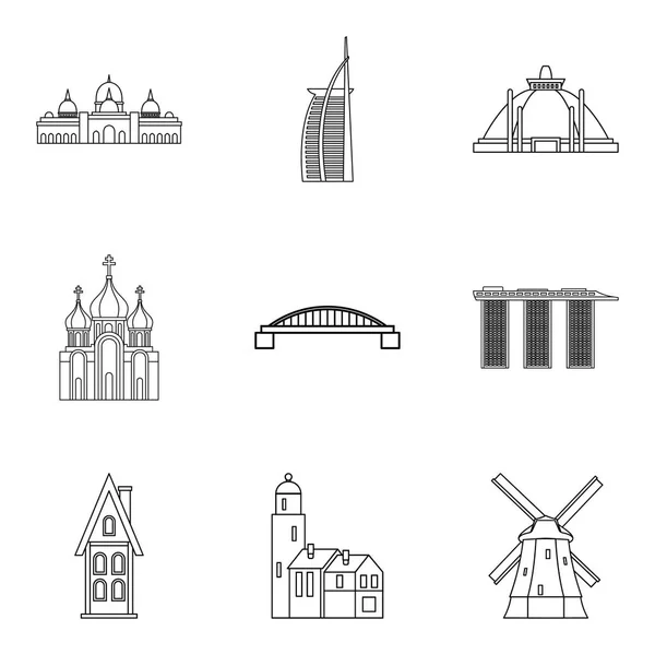 Turistický web ikony set, styl osnovy — Stockový vektor