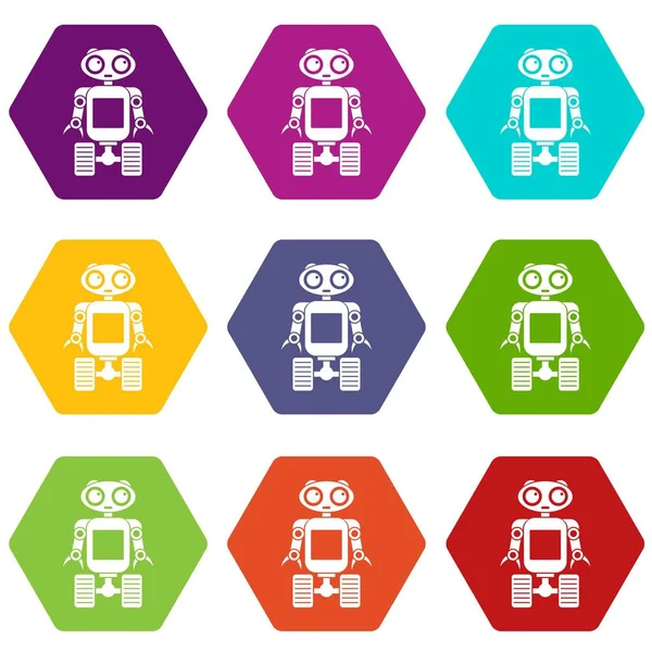 Robot sobre ruedas icono conjunto hexaedro color — Vector de stock