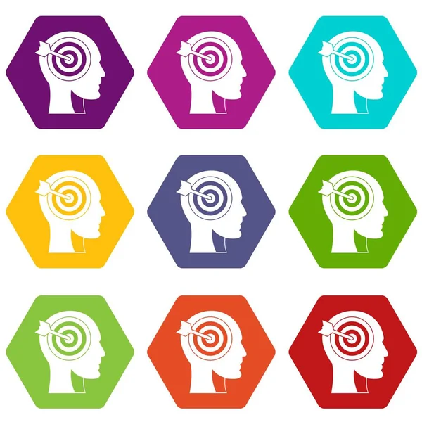 Target in human head icon set color hexahedron — Stock Vector