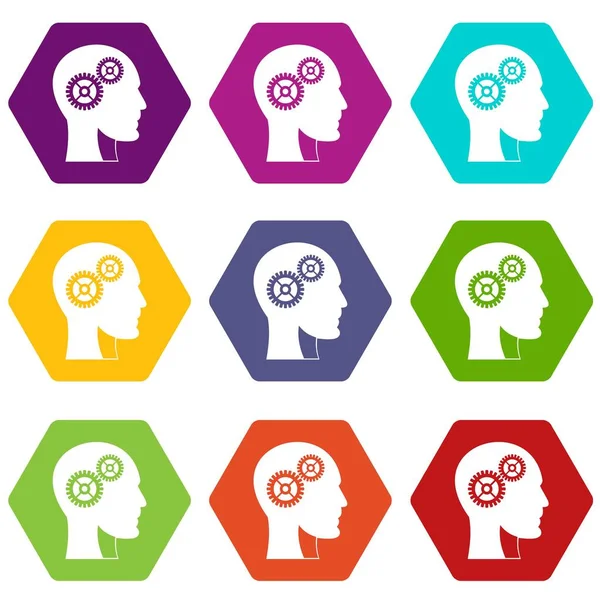 Gears in human head icon set color hexahedron — Stock Vector