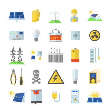 Güneş enerjisi ekipmanları Icons set, düz stil