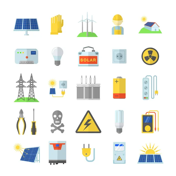 Zonne-energie apparatuur iconen set, vlakke stijl — Stockvector