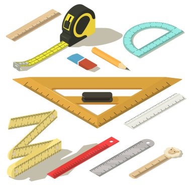 Cetvel ölçü kalem Icons set, izometrik stili