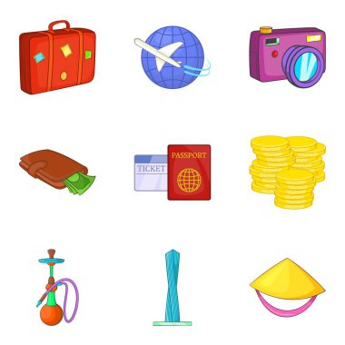 Dünya çapında yolculuk Icons set, karikatür tarzı