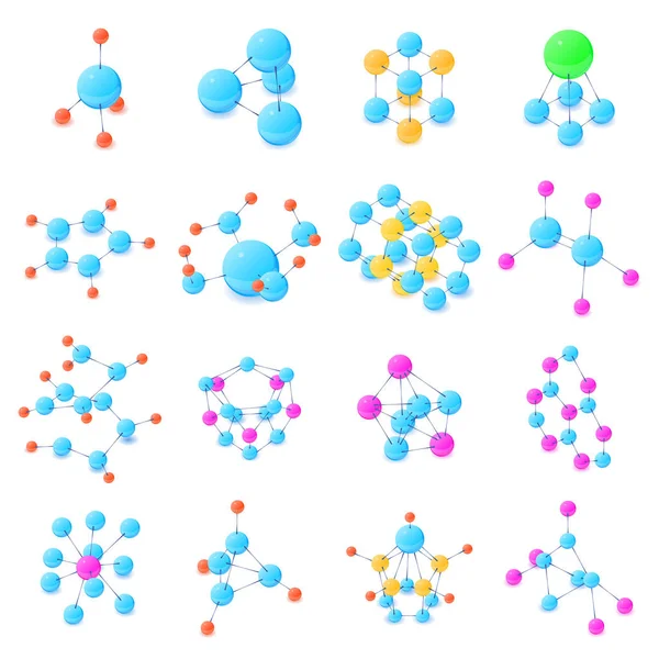 Molekyl ikoner set, isometrisk stil — Stock vektor
