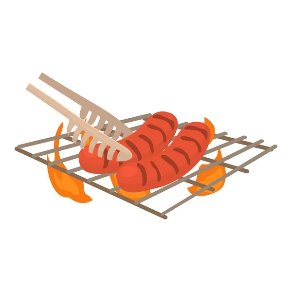 Cooking sausage on bbq icon, cartoon style — Stock Vector