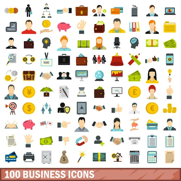 100 business icons set, flat style — Stock Vector