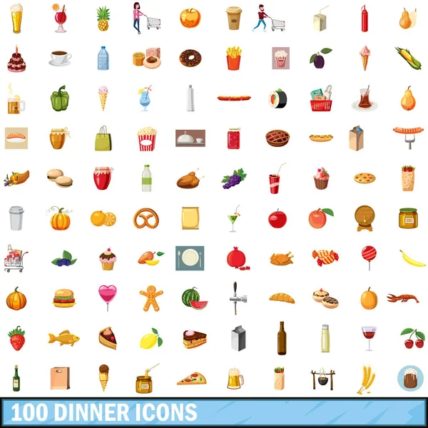 Ensemble de 100 icônes de dîner, style dessin animé — Image vectorielle