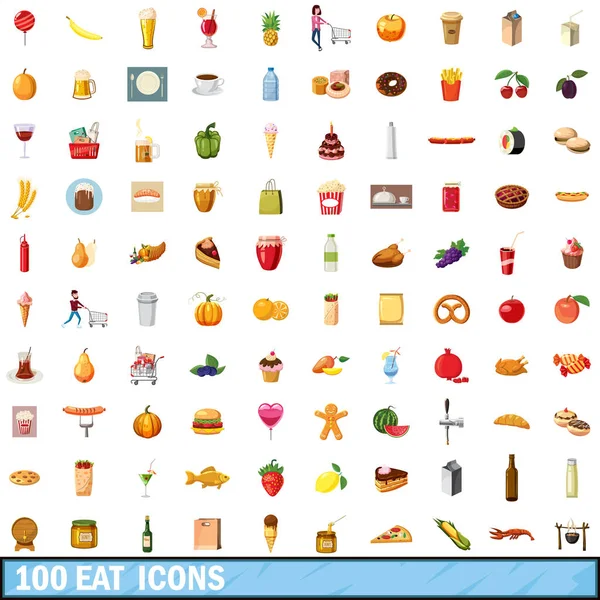 Conjunto de ícones 100 comer, estilo cartoon — Vetor de Stock