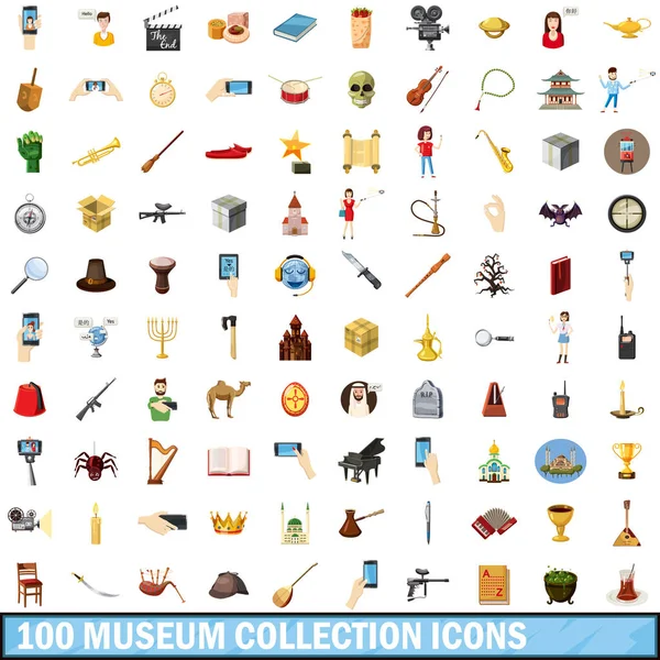 Conjunto de ícones de coleção 100 museus, estilo cartoon —  Vetores de Stock