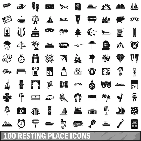 dinlenme 100 Icons set, basit tarzı yer 
