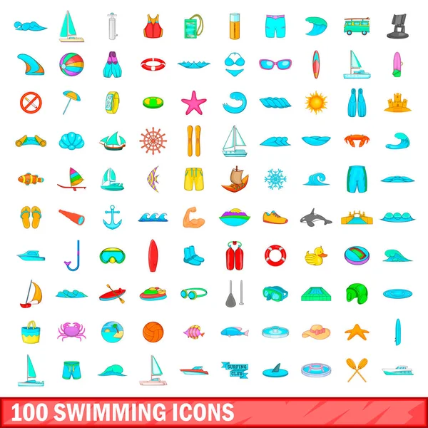 100 іконок для плавання, мультиплікаційний стиль — стоковий вектор