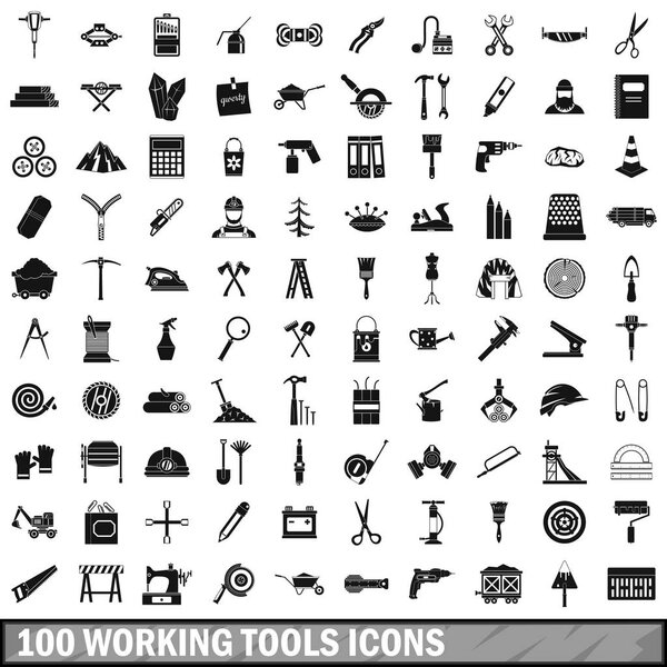 100 working tools icons set, simple style 