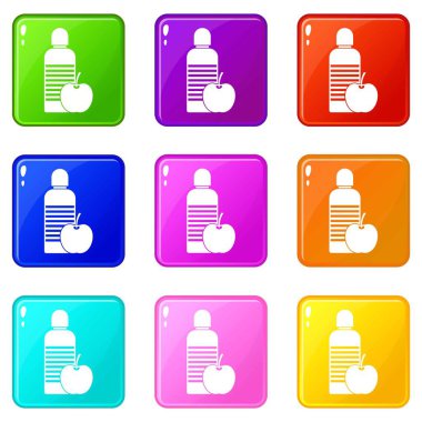 Şişe su ve elma simgeler 9 ayarla