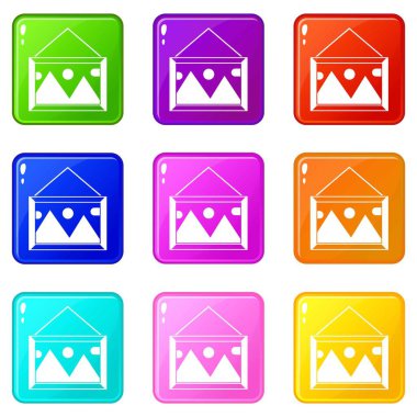 9 set duvar simgeleri bir çerçeve içinde resim