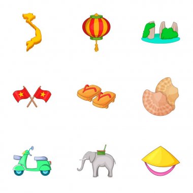 Vietnam Icons set, karikatür tarzı seyahatinden