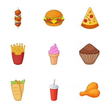 Fast food Icons set, karikatür tarzı