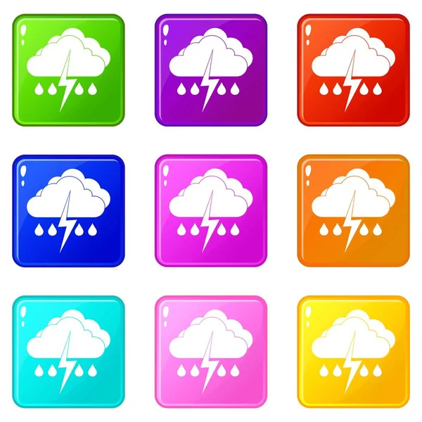 Nube con relámpagos e iconos de lluvia 9 set — Vector de stock