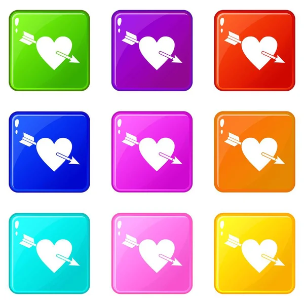 Heart with arrow icons 9 set — Stock Vector