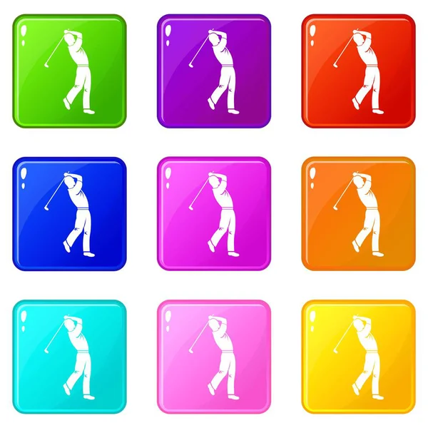 Golf játékos 9 ikonok beállítása — Stock Vector