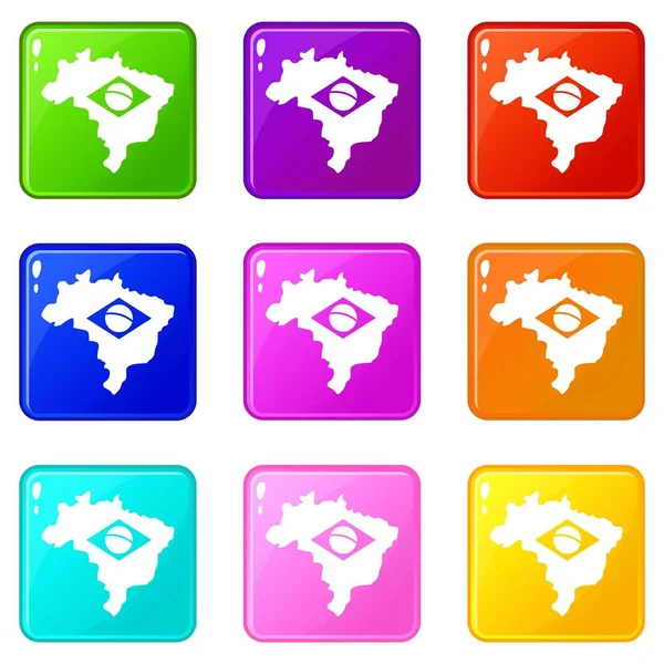 Brésil carte avec icônes drapeau 9 ensemble — Image vectorielle