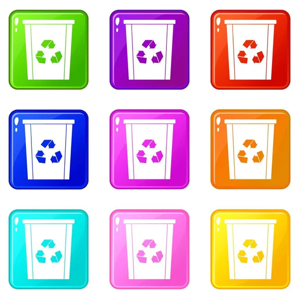 Papelera con iconos de símbolo de reciclaje 9 set — Vector de stock