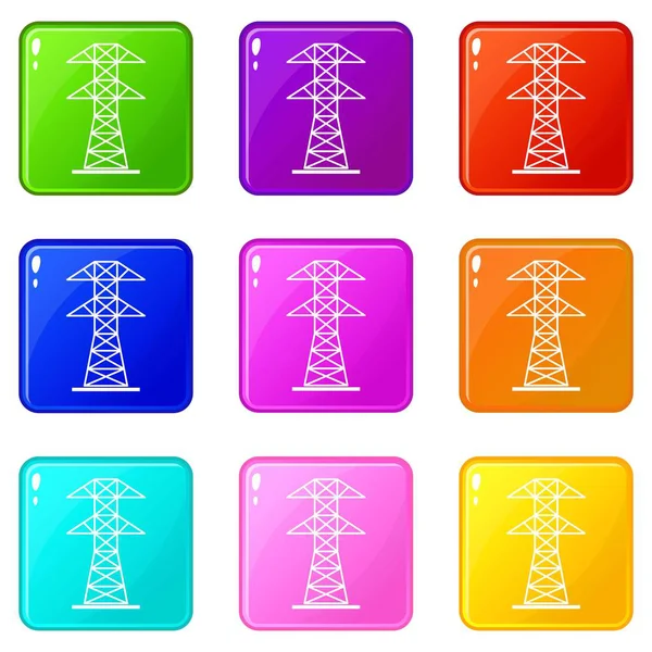 High voltage tower icons 9 set — Stock Vector