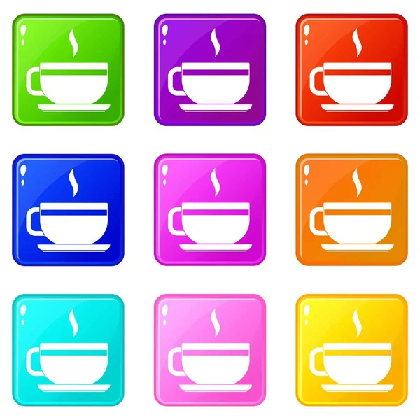 Tea cup and saucer icons 9 set — Stock Vector