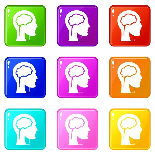 Head with brain icons 9 set — Stock Vector