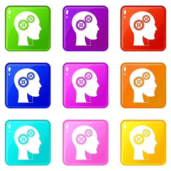 Gears in human head icons 9 set — Stock Vector