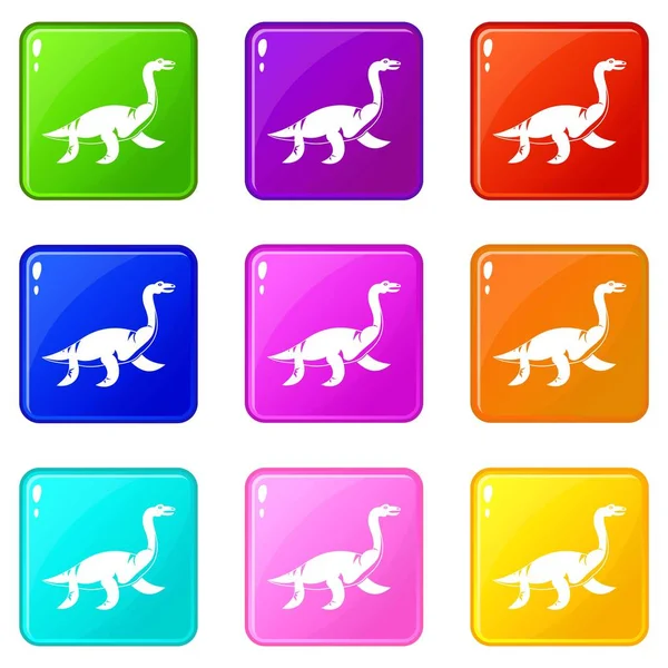 Elasmosaurine dinosauro icone 9 set — Vettoriale Stock