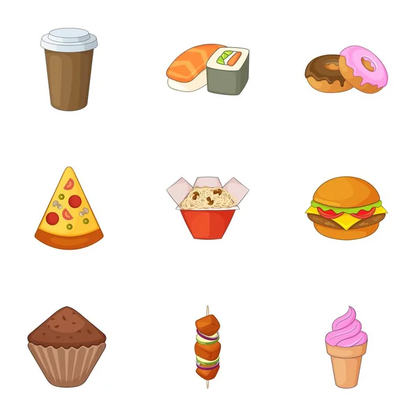 Desayuno en conjunto de iconos de comida rápida, estilo de dibujos animados — Archivo Imágenes Vectoriales