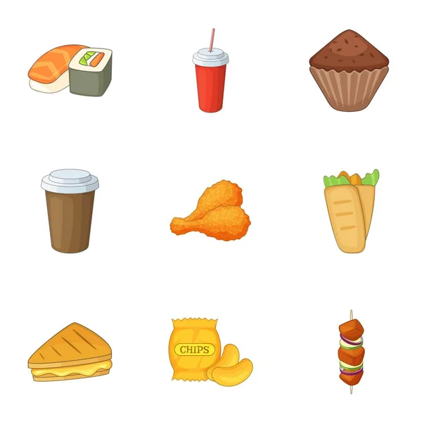 Heerlijke fastfood iconen set, cartoon stijl — Stockvector