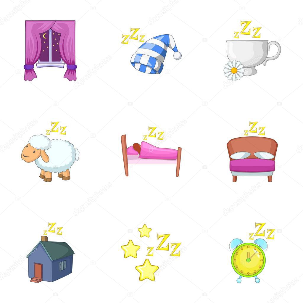 Deep sleep icons set, cartoon style