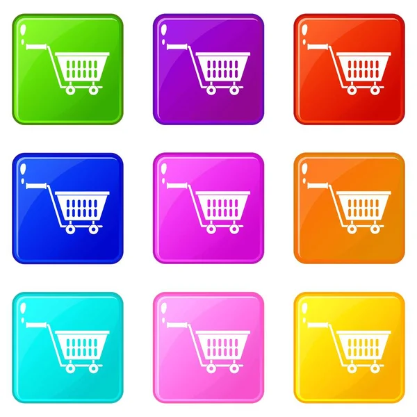 Plastic shopping trolley icons 9 set — Stock Vector