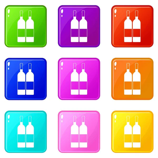 Deux bouteilles de vin icônes 9 ensemble — Image vectorielle