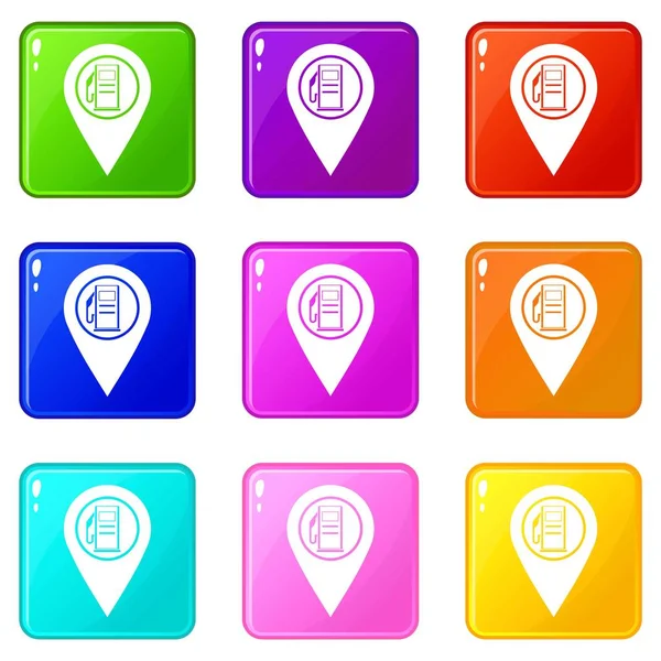 Pointeur de carte avec icônes de symbole de station-service 9 ensemble — Image vectorielle