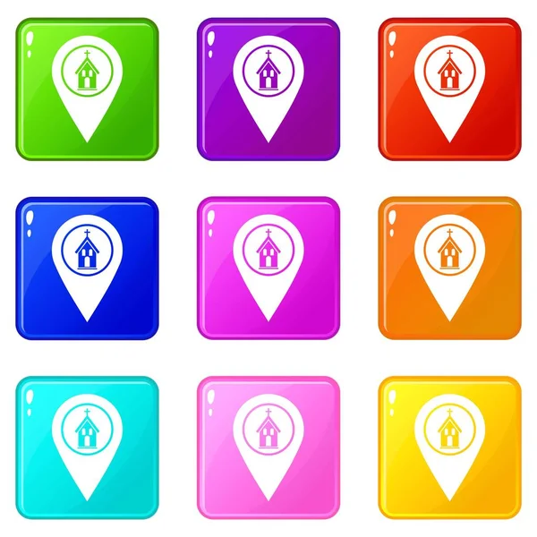 Map pointer with church icons 9 set — Stock Vector