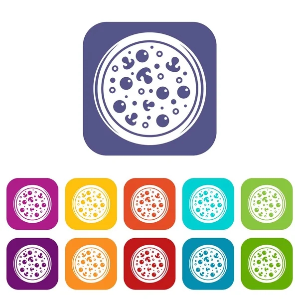 Conjunto de iconos de pizza con aceitunas y champiñones plano — Vector de stock