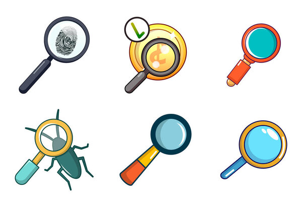 Magnified glass icon set, cartoon style
