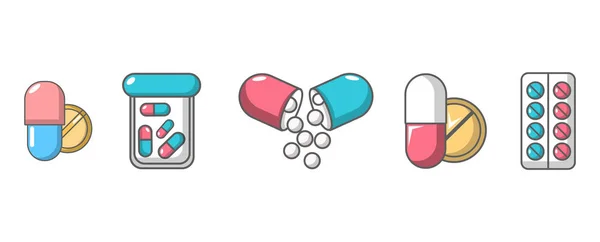Pillole set di icone, stile cartone animato — Vettoriale Stock