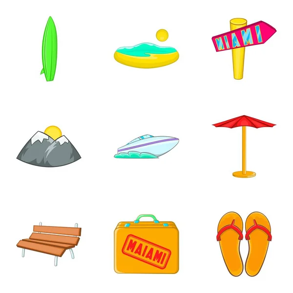 Praia conjunto de ícones de férias, estilo dos desenhos animados — Vetor de Stock